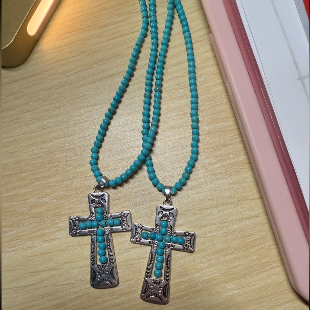 Turquoise Beaded Cross Necklace